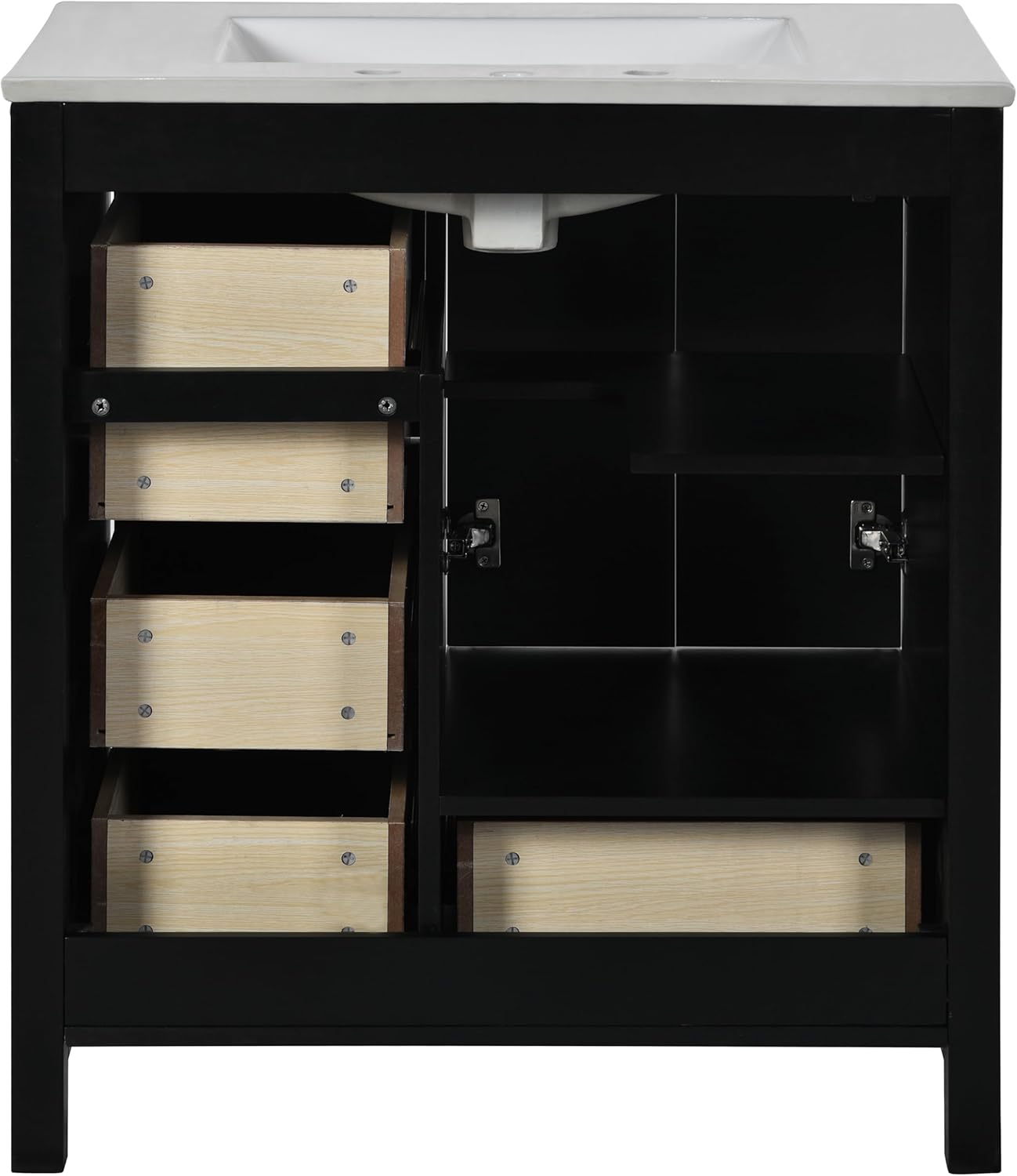 Merax 30'' Bathroom Vanity with Ceramic Sink Combo, Solid Wood Frame Bathroom Storage Cabinet, Freestanding Vanity Set with 4 Drawers& Soft Closing Doors, Black