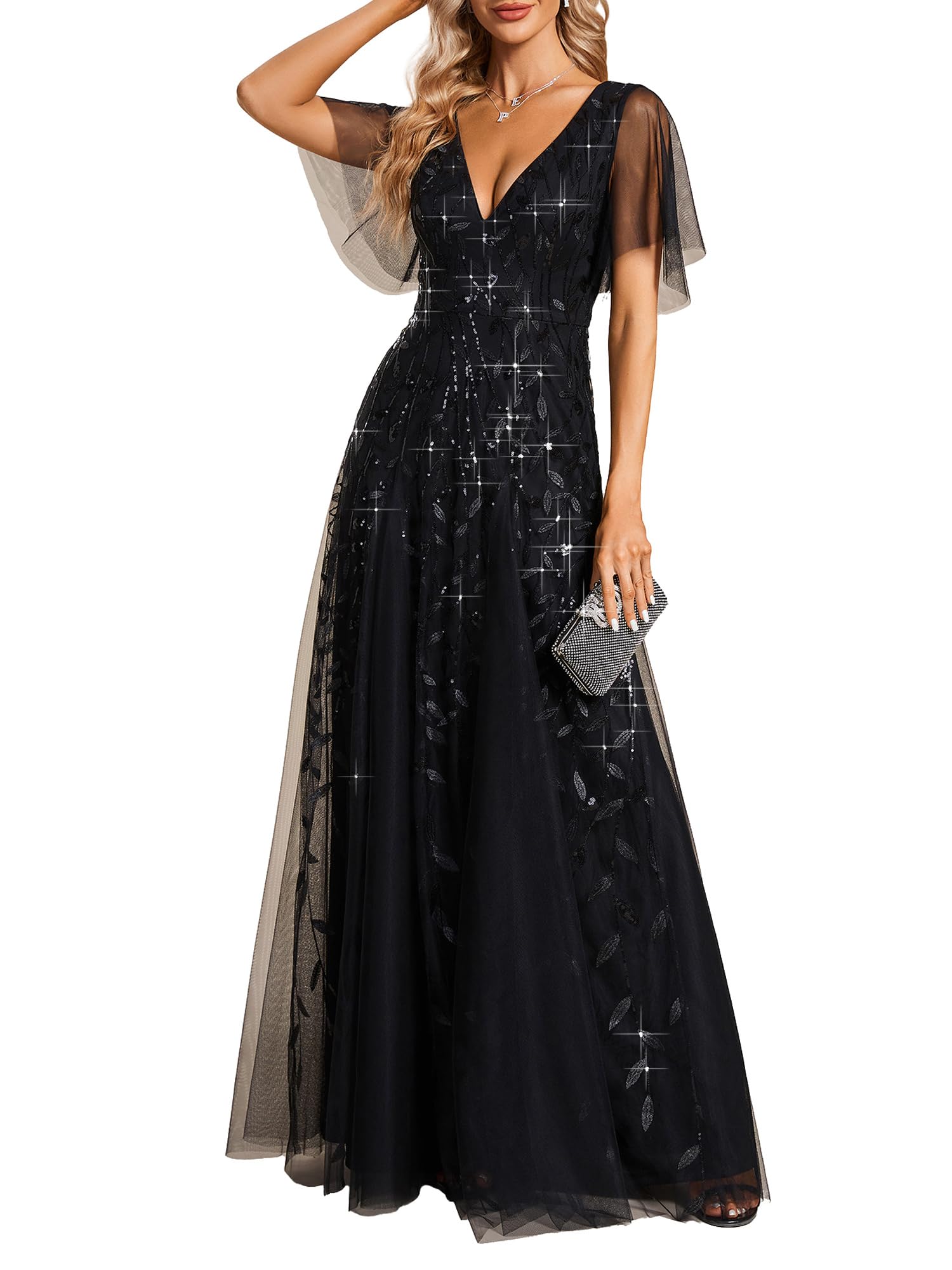 Ever-Pretty Women's Sequin Formal Dress Sparkly V-Neck Short Sleeve A-Line Floor Length Prom Evening Gown 0736