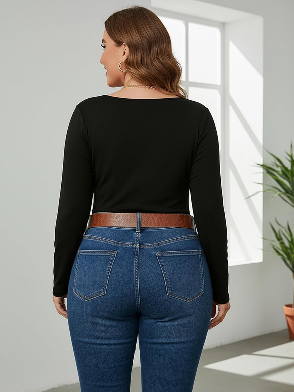 Women's Plus Size Scoop Neck T Shirts Fall Long Sleeve Fitted Basic Tees Dressy Casual Tops - Image 2