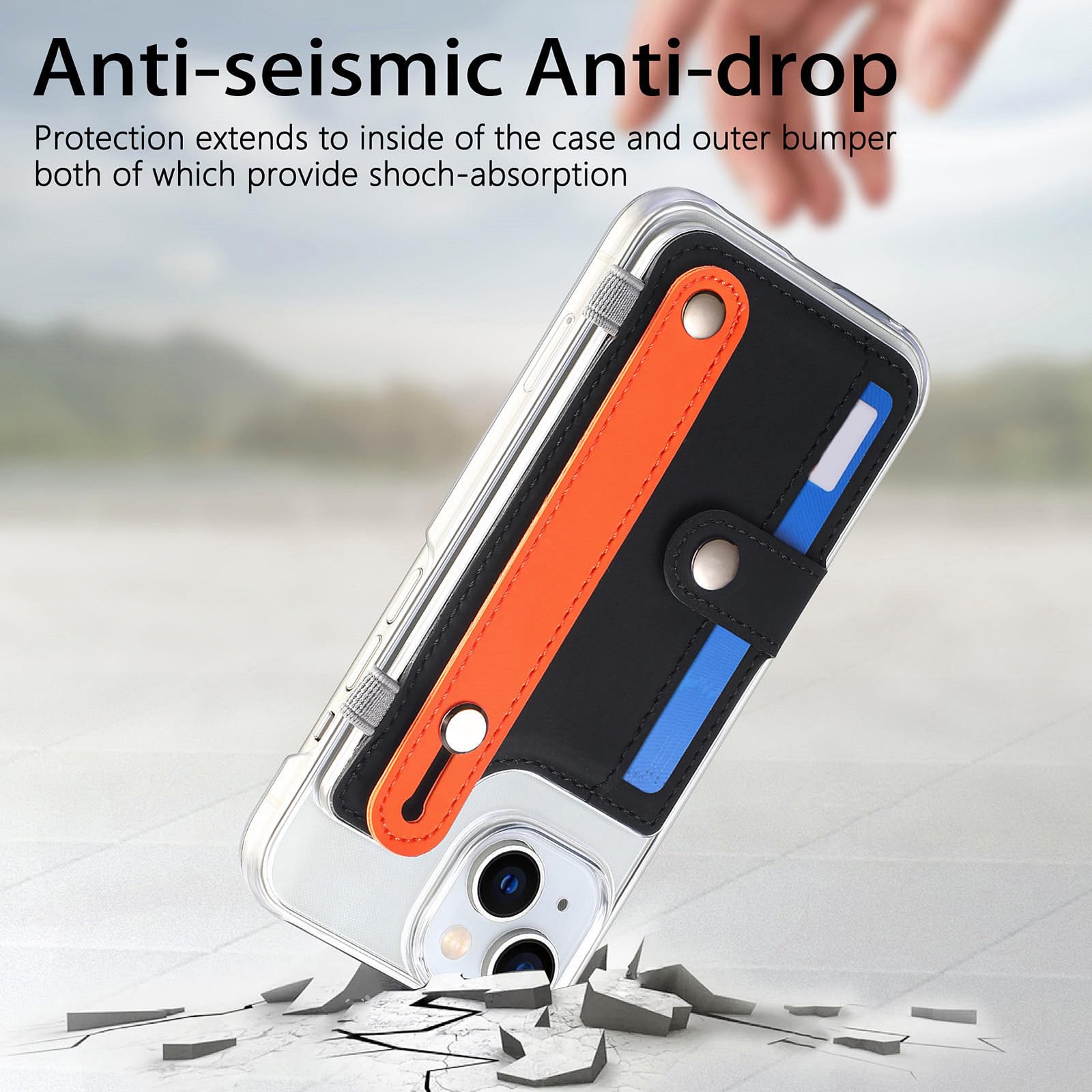 Skórzane etui do iPhone 15 Pro Max/15 Pro/15 Plus/15, stojak na nadgarstek, przezroczysta tylna obudowa, etui na karty, portfel, etui na telefon, fioletowy, 15Plus