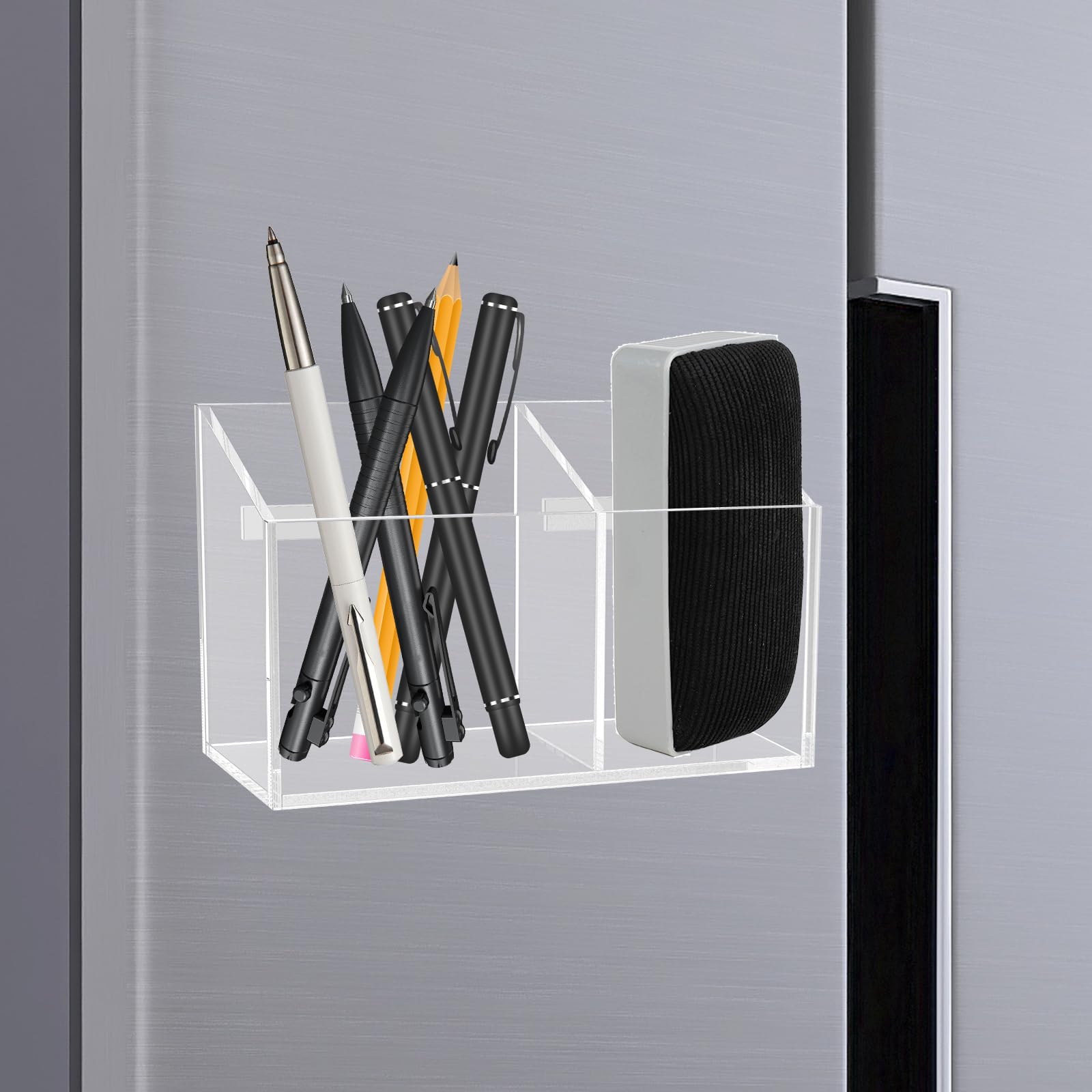Lulobtg 1Pack Magnetic Pen Holder Acrylic Fridge Dry Erase Marker Holder Clear 2 Compartment Marker Organizer Nonslip Whiteboard Pen Storage Holder For Refrigerator Locker Office(1Pack)