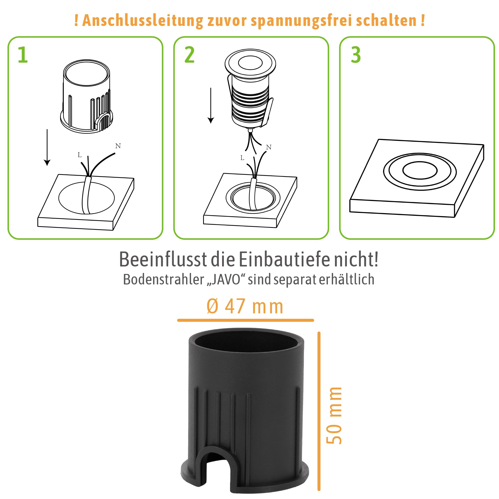 SSC-LUXon 6x Einbaudose Zubehör für JAVO Mini-Bodeneinbaustrahler - Kunststoff Dose Ø 47 x 50 mm zum Einbetonieren