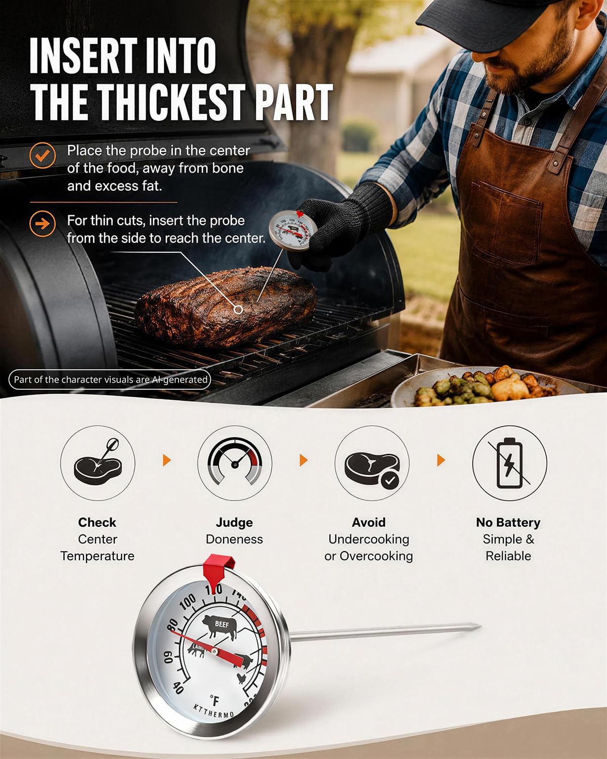 Termometro per carne da 150 a 190 °C, quadrante grande da 5 cm, termometro analogico per alimenti senza batteria, con icone di cottura e indicatore rosso rimovibile