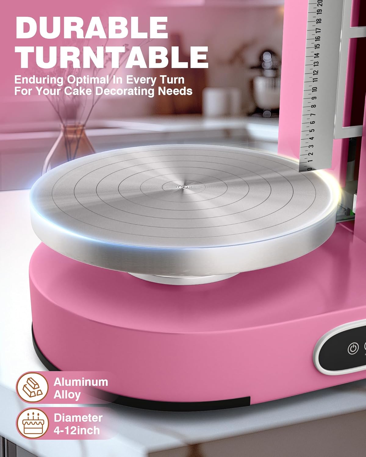 PYY Cake Decorating Machine - 4-12 Inch Automatic Cream Spreading for Cake Frosting Machine 60-320 RPM with Graduated Scrapers Electric Turntable Pink