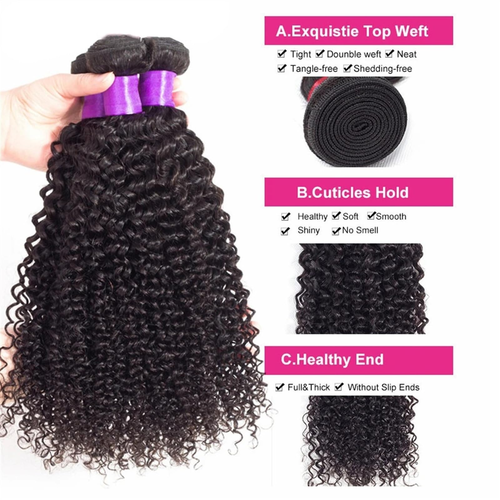 Fasci di capelli umani ricci crespi Fasci di capelli umani ricci da 8-40 pollici Fasci di capelli remy brasiliani ricci naturali Estensioni di capelli umani a doppia trama for donne nere (Size : Remy