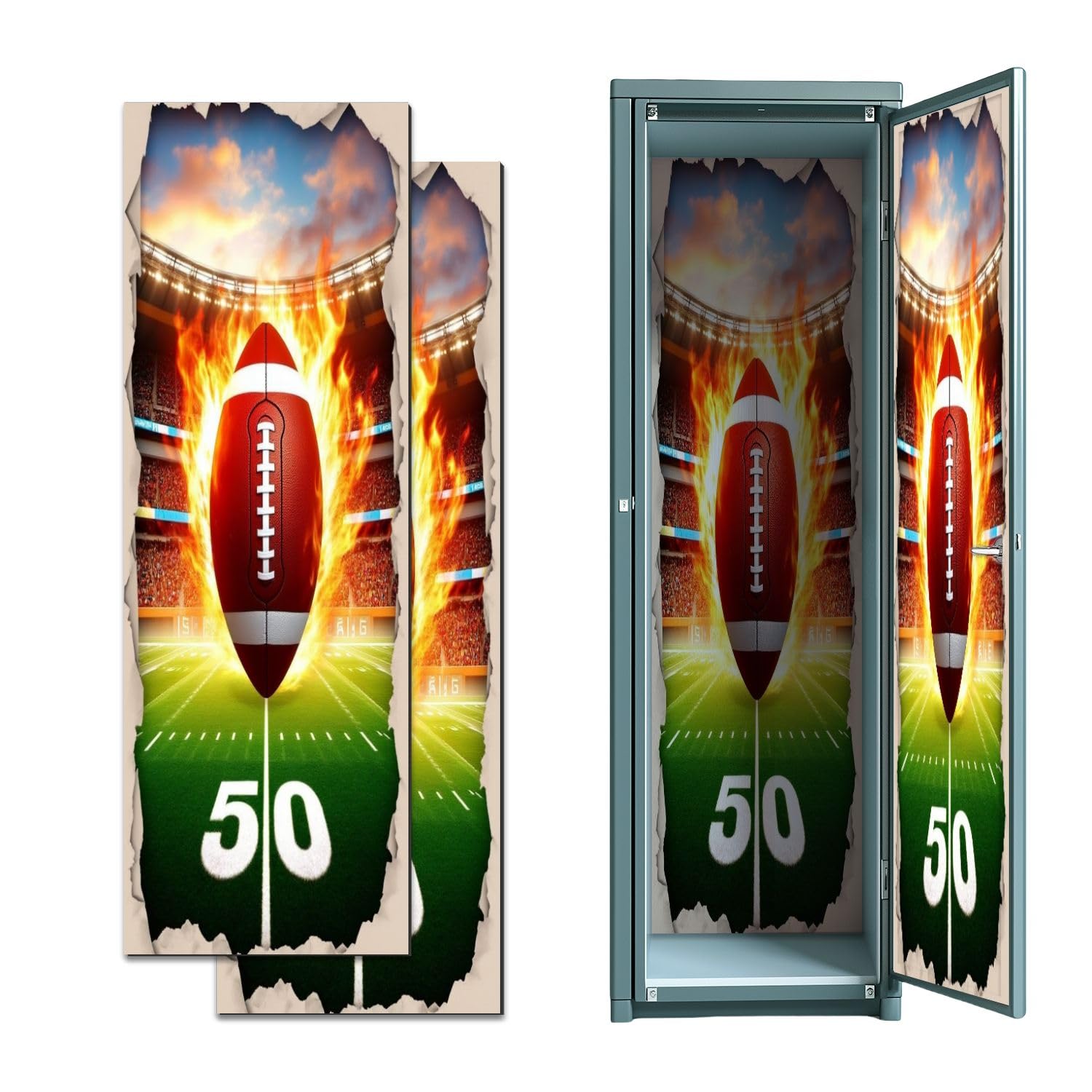 2 Pcs Locker Magnetic Wallpaper 3D Rugby Football Break Wall Sport Boys Fire Stadium 50 yard 12" x 36" Wall Magnetic Sticker Removable Locker Accessories Decor Easy Install for Office School