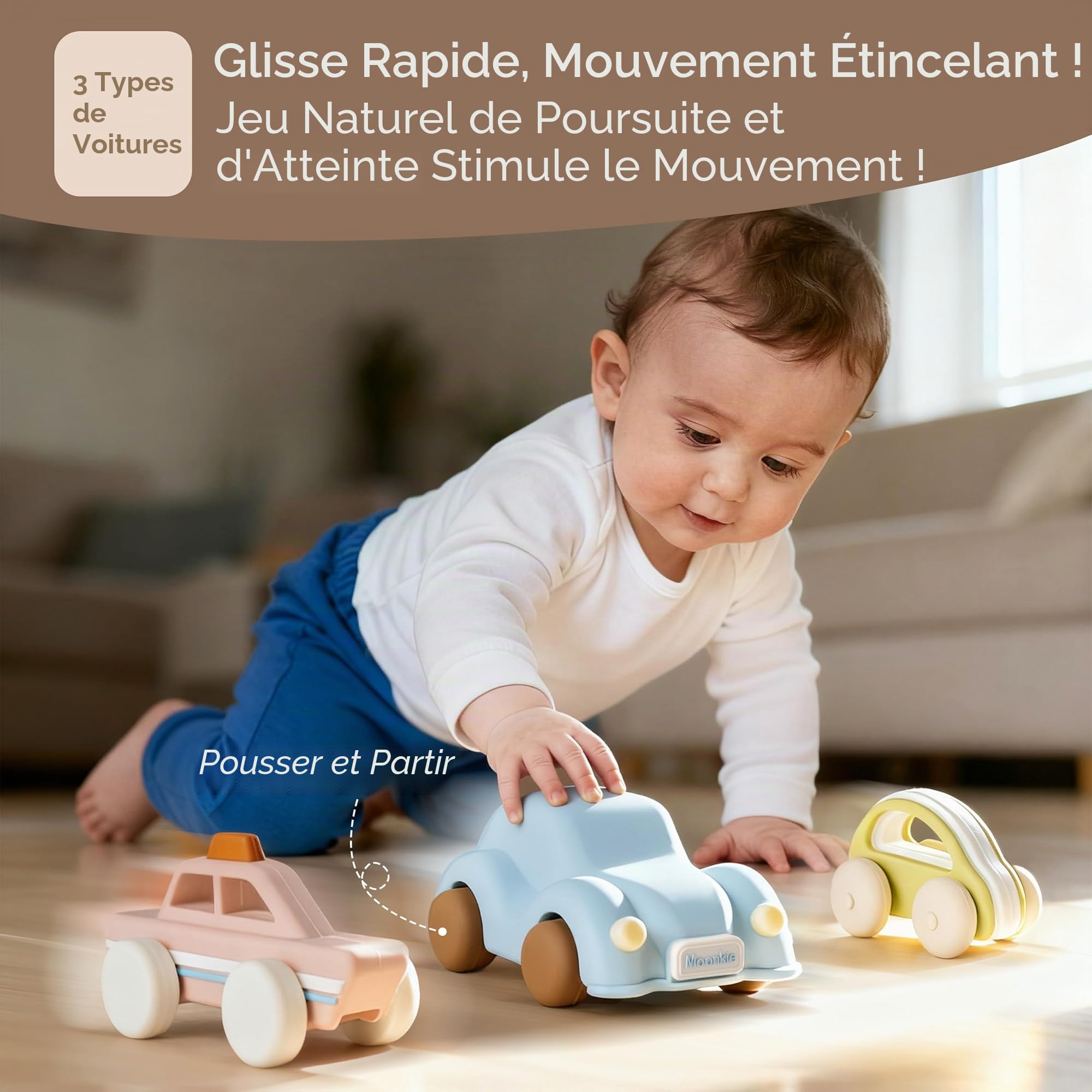 Moonkie Roll & Go Voiture Enfant, Lot de 3, Jouet Bebe pour 6 Mois+, Petites Voitures en Silicone Souple, Jouet Dentition Bébé, Voiture Bebe sans BPA, Cadeau Garcon &Fille,pour Noël & d'anniversaire