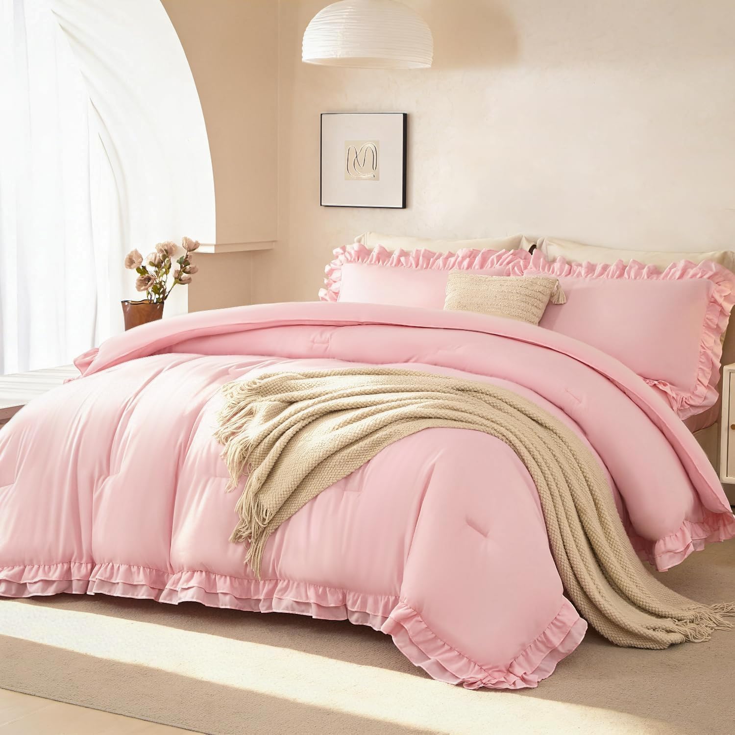 PERFEMET Pink Ruffle Comforter Set King, 5 Pieces Ruffled Bed in a Bag with Sheets, Vintage Shabby Chic Bedding Soft Fluffy All-Season Bedroom Decor for Women (Light Pink, King)