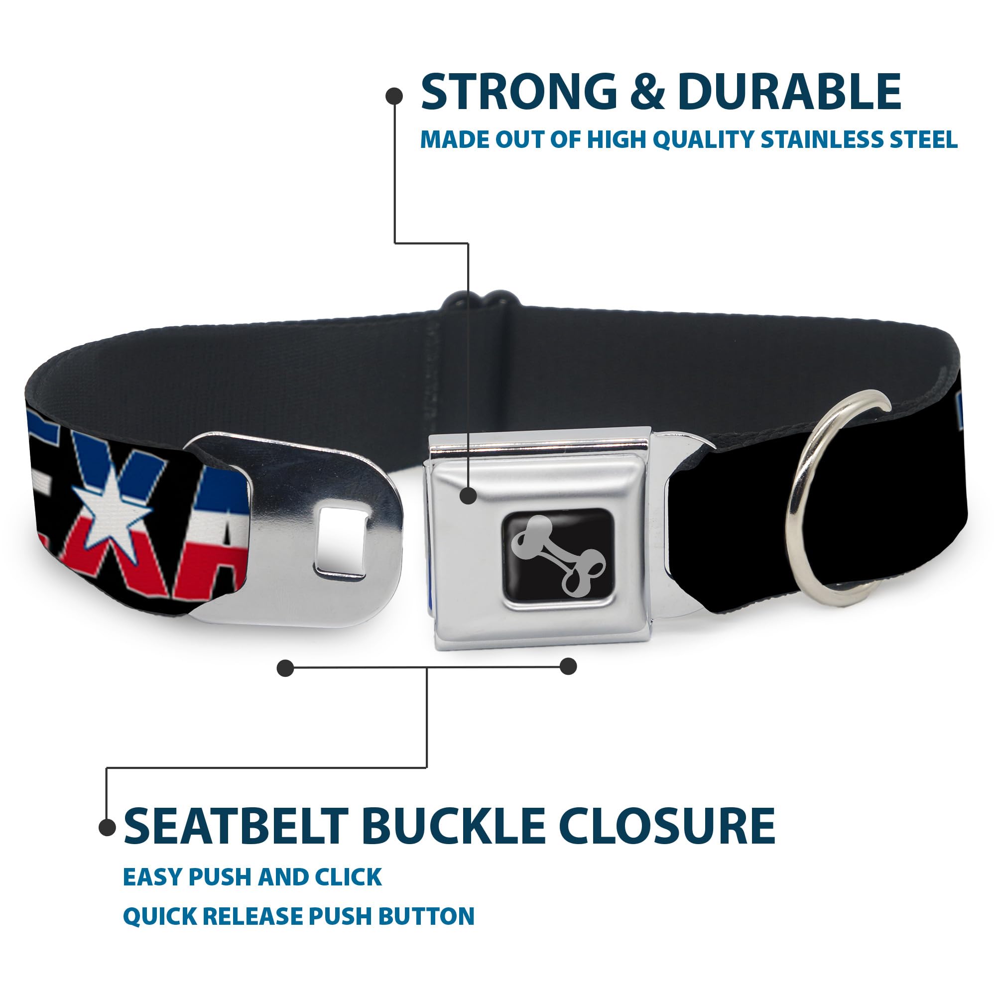 Buckle-Down Obroża dla psa z klamrą pasa bezpieczeństwa - TEXAS w/Star czarny/biały/niebieski/czerwony - szerokość 3,8 cm - pasuje na szyję 40-58 cm - rozmiar M