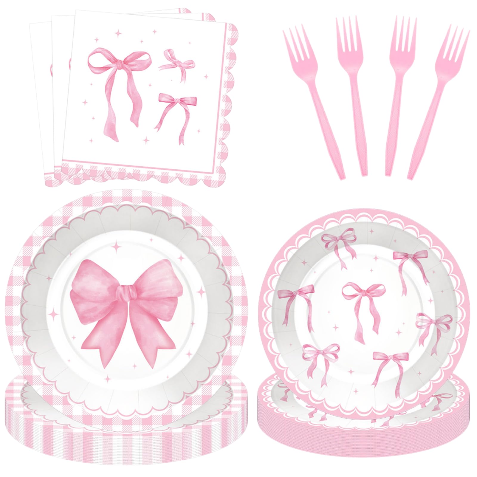 100 Pcs Pink Ribbon Bow Party Supplies Set - Serves 25, Watercolor Disposable Tableware, Includes Paper Plates, Napkins, Forks for Wedding,