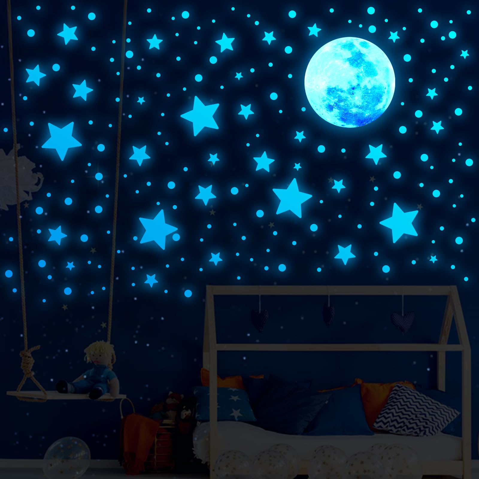 538Pcs Glow in The Dark Wall Stickers, Luminous Ceiling Stars Moon Space Galaxy Universe Planet Wall Decals Self-Adhesive Blue Glowing Stickers for Kids Bedroom Nursery Living Room Decor