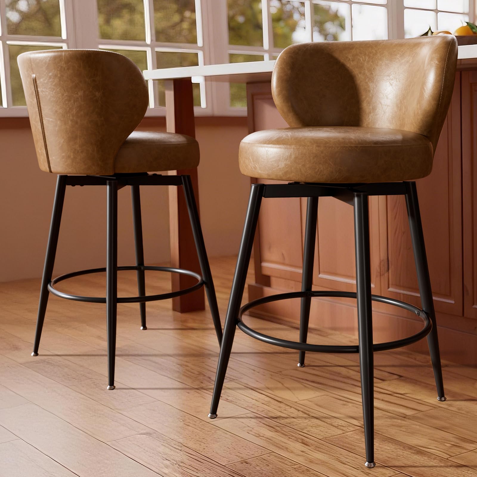 Sucrever Bar Stools Set of 2, 26" Counter Height Swivel Bar Stools, Upholstered Leather Barstools with Back Footrest Metal Legs, Stools for Kitchen