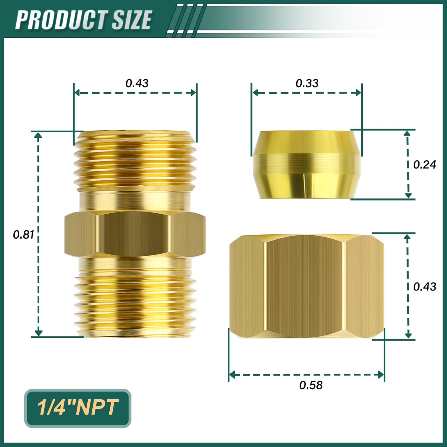 12PCS 1/4" x 1/4" Tube OD Coupler, Brass Compression Tube Pipe Fitting Connector for Air/Fuel/Water/Gas/Oil