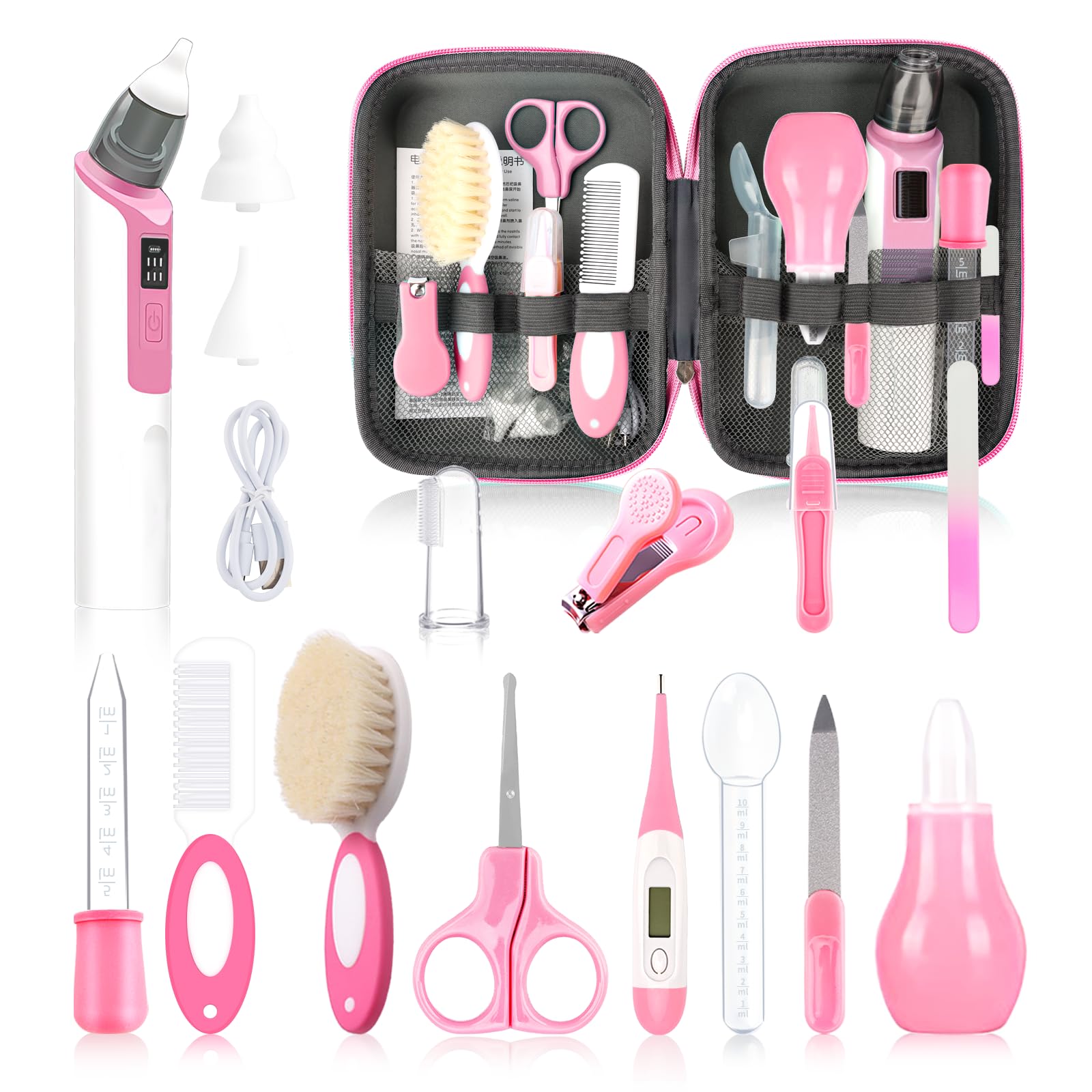 Kit de aseo para bebés, set de cuidado infantil con aspirador nasal, cepillo de pelo, peine, cortaúñas y aspirador nasal, kit de artículos esenciales para recién nacidos (17 piezas, rosa)