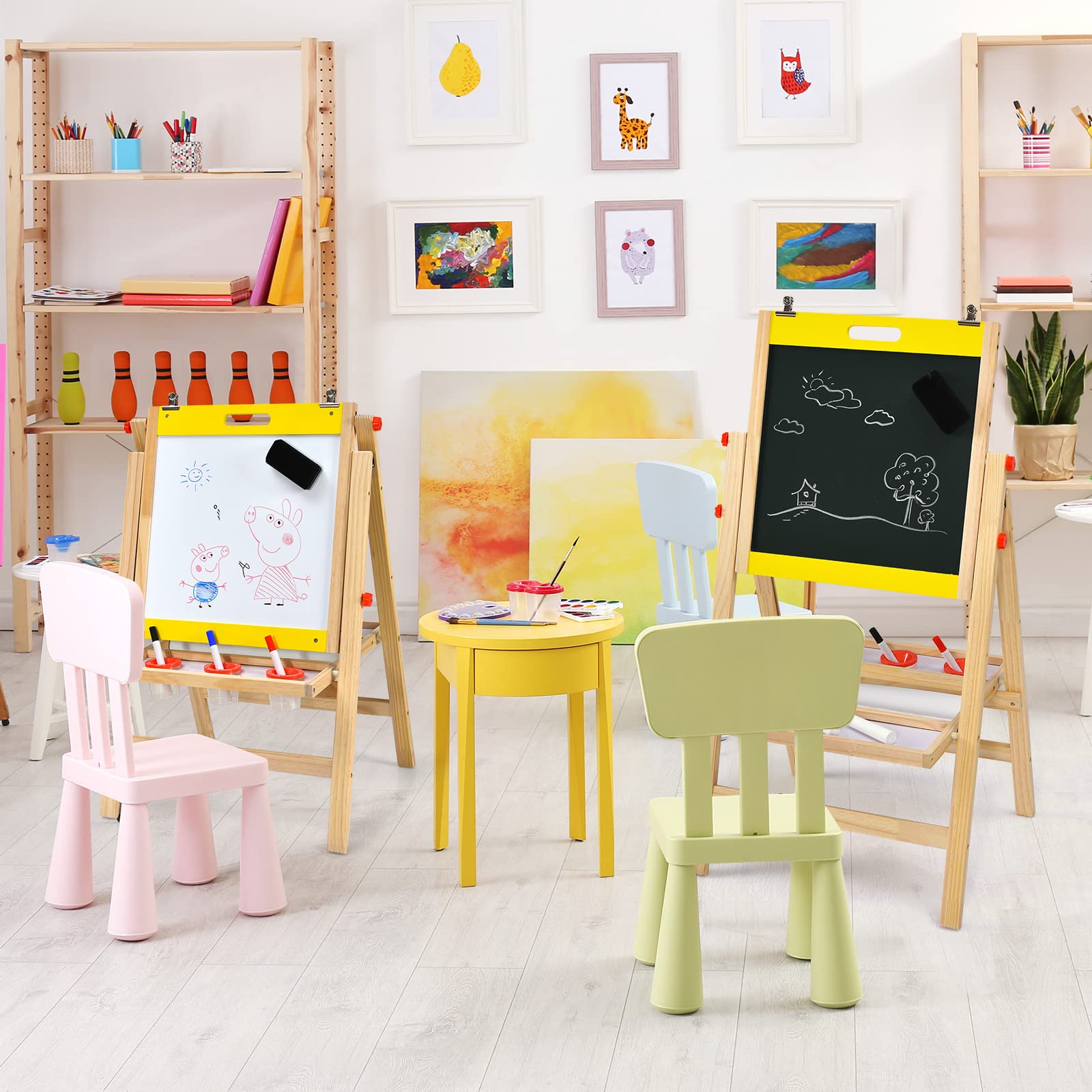 COSTWAY 3 in 1 Lavagna Magnetica per Bambini, Cavalletto da Pittura Pieghevole con Accessori, Altezza Regolabile e Bifacciale, con Vassoio, 50,5x53,5x79-104cm (Giallo)
