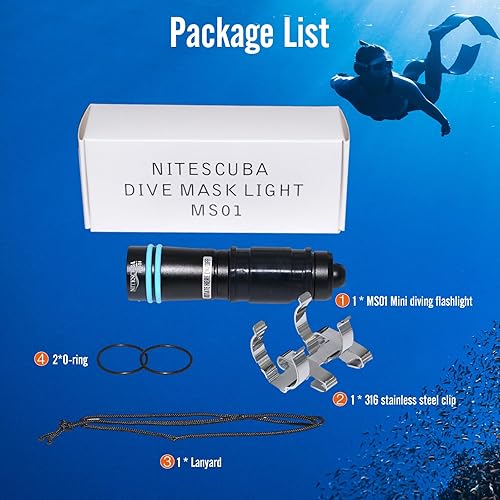 Miniatura 6 de MS02 - Mini máscara de buceo, linterna de buceo, linterna subacuática, 229.7 ft, interruptor giratorio de 500 lúmenes, con batería y clip de máscara