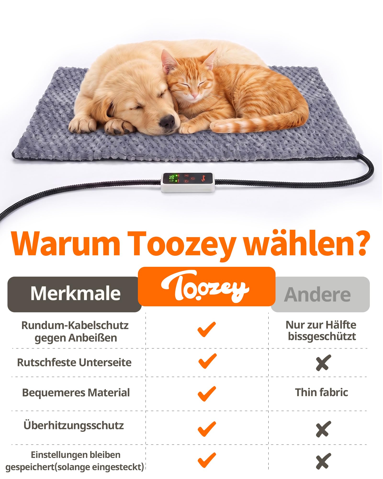 Toozey Heizmatte Katze Hund, Heizdecke, 6 Heizstufen und 6 Timer, 70x50 cm
