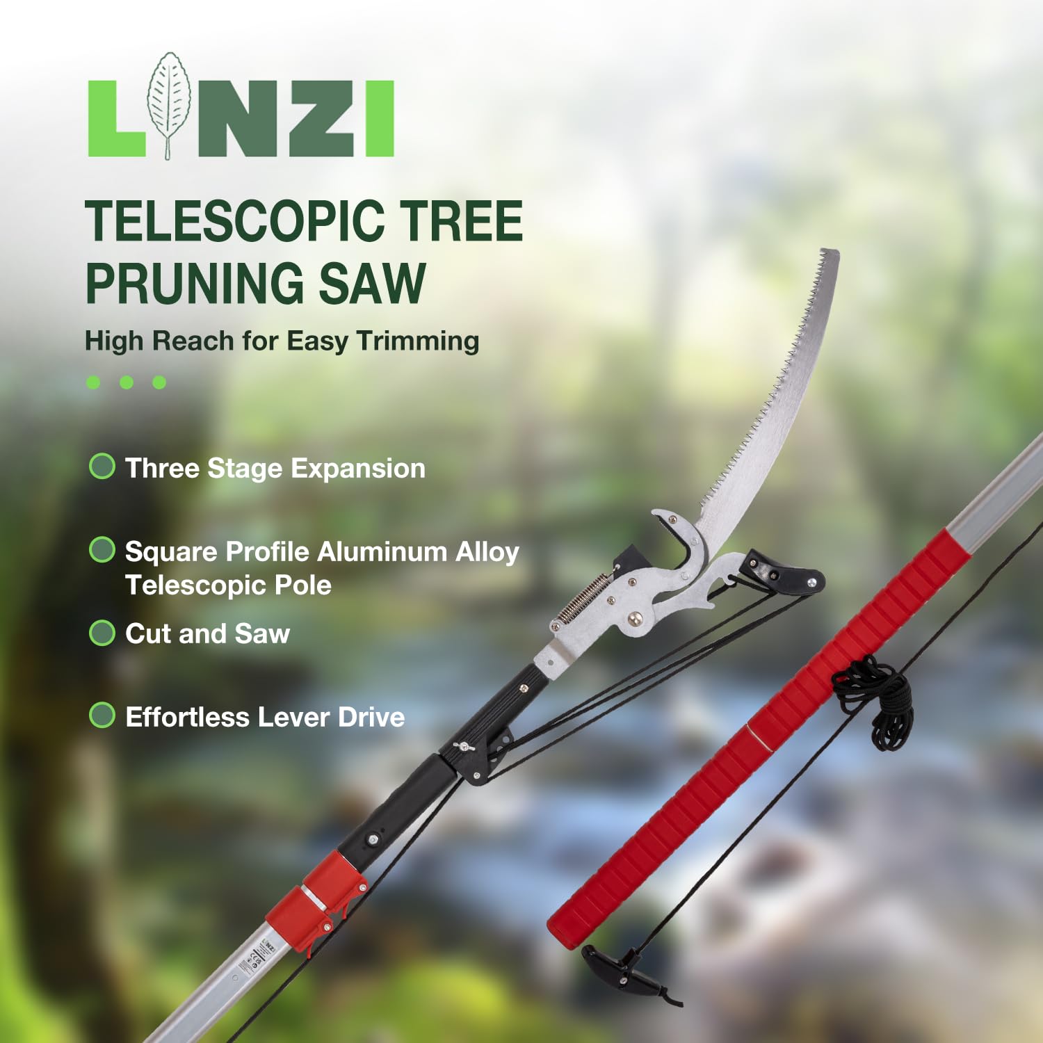 LINZI Elagueuse sur Perche Télescopique à Grande Portée 2.93 m | Perche Extensible Légère en Alliage d'Aluminium | Ø 35 mm de Coupe Max. | Coupe et Taille des Branches Hautes
