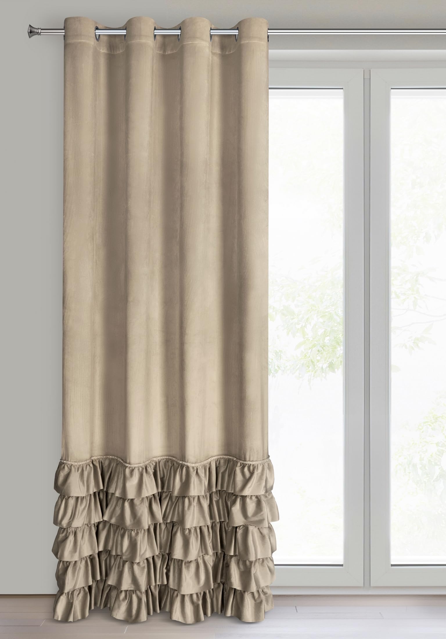 Eurofirany Carli Velvet Curtain with Ruffles, Velvet Curtain with Eyelets, Opaque Blackout Curtain for Living Room, Bedroom, 140 x 250 cm, Dark Beige