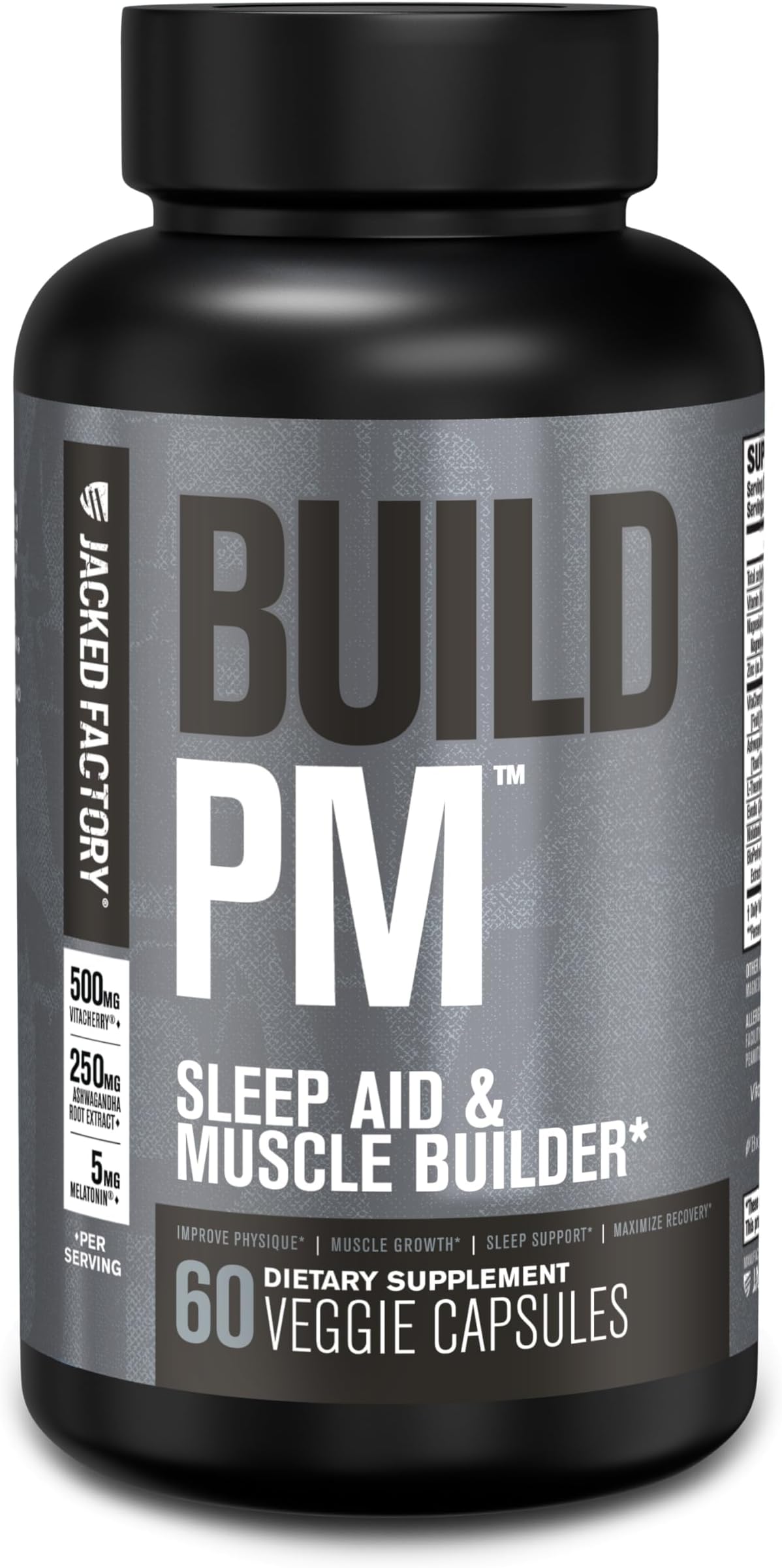Jacked Factory Build PM Night Time Muscle Builder & Sleep Aid - Post Workout Recovery & Sleep Support Supplement w/VitaCherry Tart Cherry, Ashwagandha, & Melatonin - 60 Natural Veggie Pills
