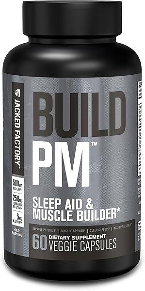 Jacked Factory Build PM Night Time Muscle Builder & Sleep Aid - Post Workout Recovery & Sleep Support Supplement w/VitaCherry Tart Cherry, Ashwagandha, & Melatonin - 60 Natural Veggie Pills