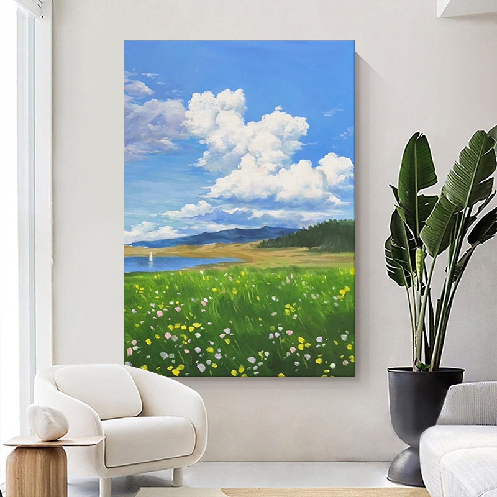 Nuages blancs et mer de fleurs peinture à l'huile grand format pour illuminer un mur sombre