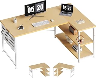 YeTom L-Shaped Desk, Gaming Desk, Width 42.1 inches 107 cm, LeftRight Shelf, PC Desk, Corner Desk, Study Desk, Adjustable Height Shelves, Storage BagRack Included, Home Office, Light Oak