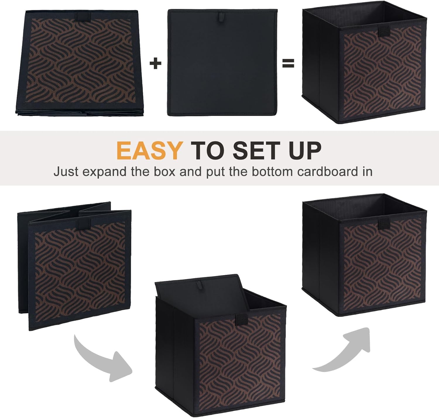 Storage Baskets, 11.8-Inch Vintage Style Fabric Bins, Foldable Organizer Cubes in Mottled Brown Tones, Storage Bins with Reinforced Handles for Closet Shelves and Home Decor (Coffee Silk Print-ABC)