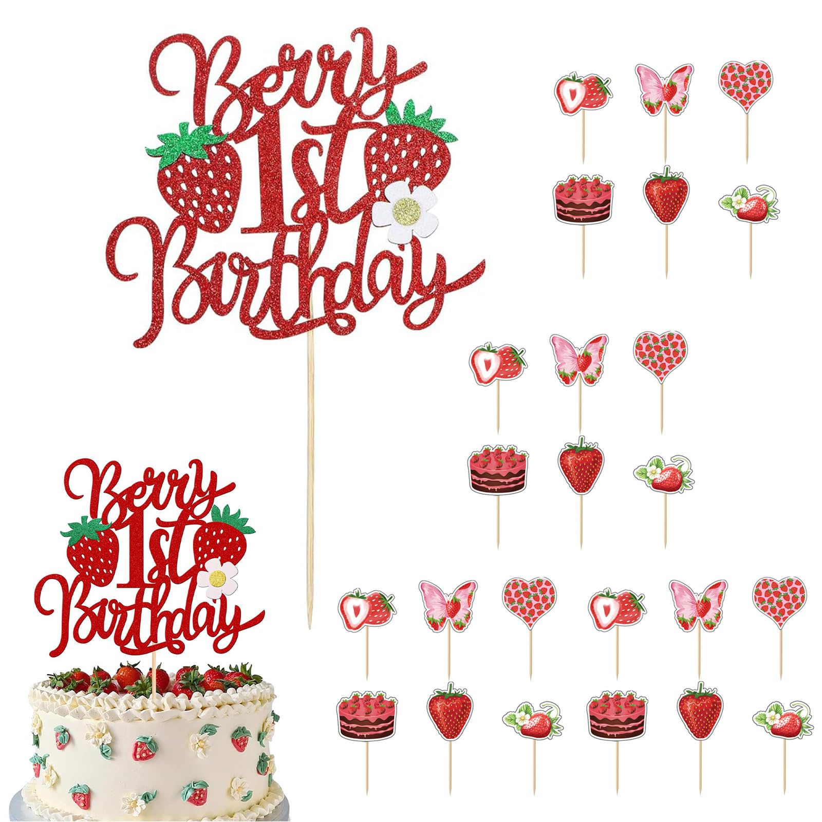 Berry 1st Birthday Cake Topper, 24 Pcs Strawberry Cake Decorations Set