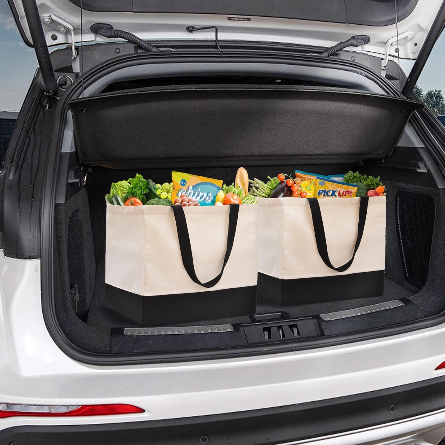 Heavy Duty Canvas Reusable Grocery Bags - 8.3 Gal Foldable Large Tote with Handles, Holds 60 lbs & Washable Eco-friendly Bags with 5 Pockets, Off White Black - Image 2