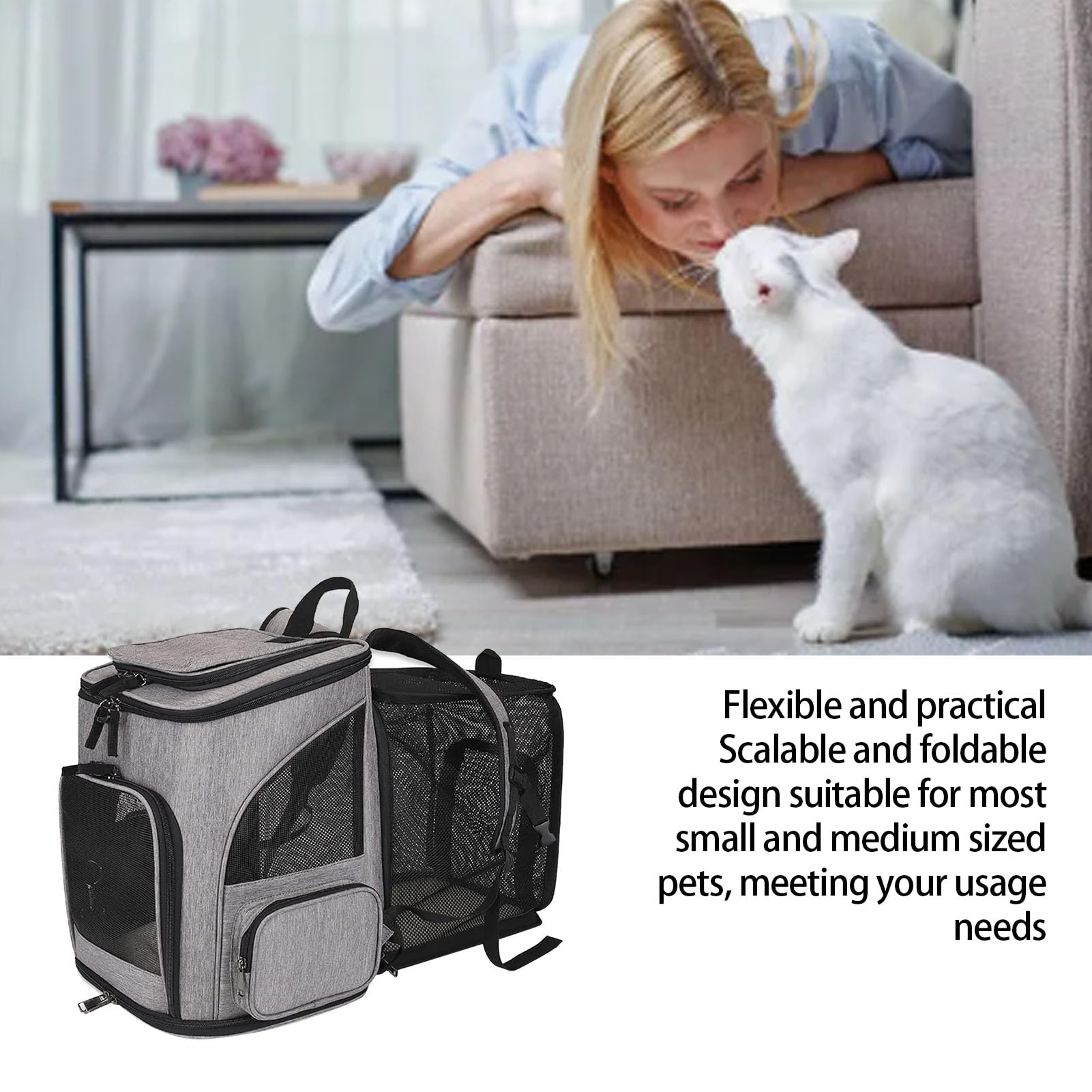 Greensen Große Katzen-Tasche, Erweiterbare Haustiertasche mit Mesh-Fenstern und Plüschkissen, für Kleine Bis Mittelgroße Katzen und Hunde Bis zu 8 Kg, Reisen Wandern Camping (Grey)