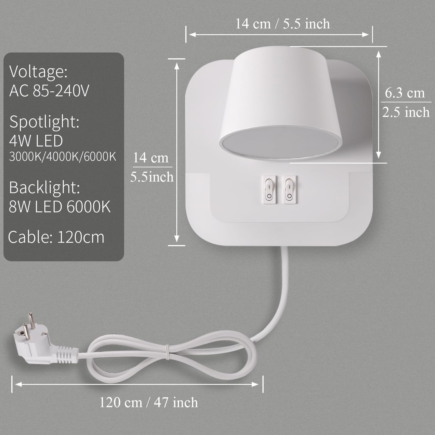 Lampe de lecture LED Applique Murale 3000K Réglable 4W+8W Tête Rotative Blanc