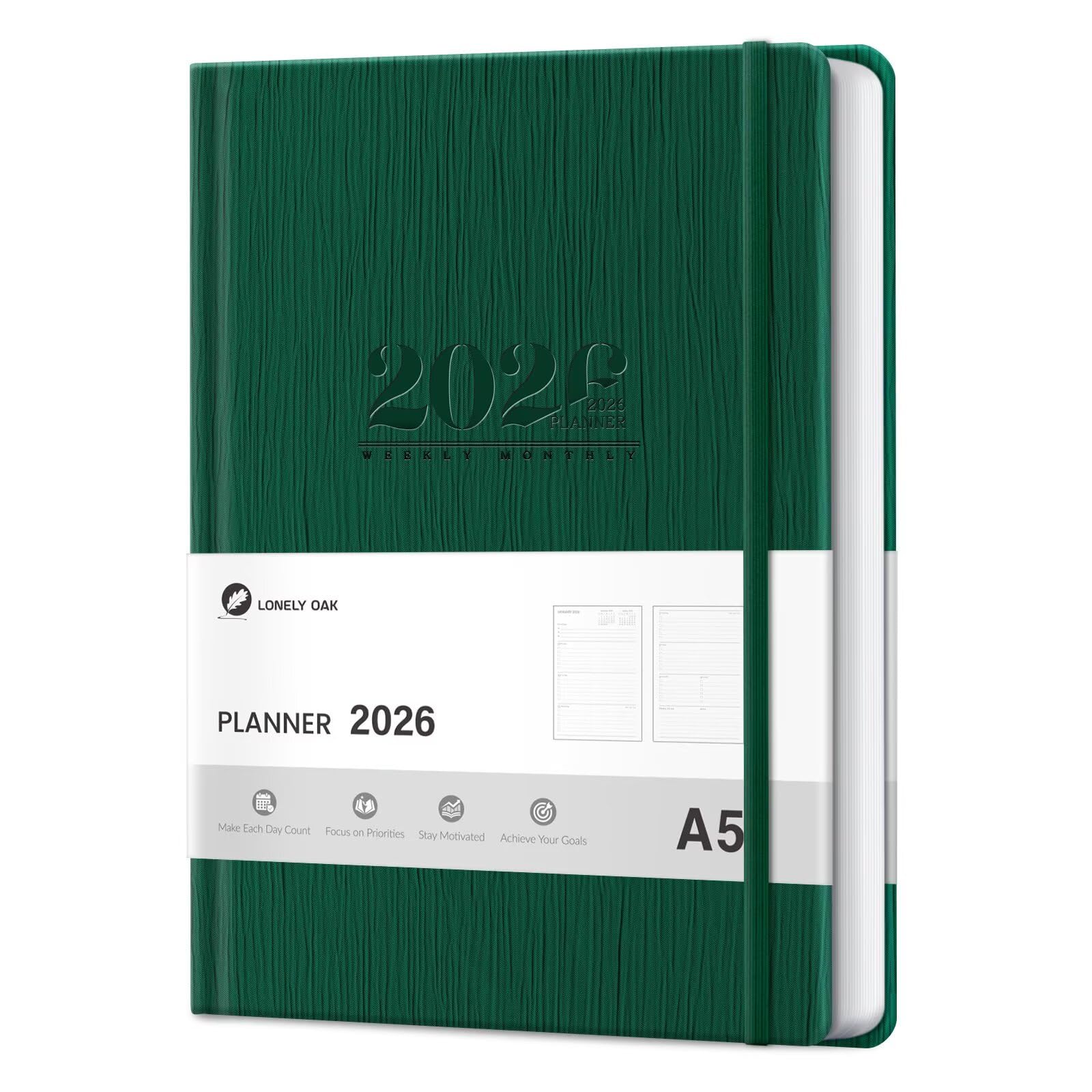 2026 Planner, A5 Agenda Daily Planners, Faux Leather Calendar 2026 Planner, 12 Month Weekly and Monthly Organizers from Jan. to Dec., Hardcover Habit Tracker Journal 5.75" x 8.4"(Green)