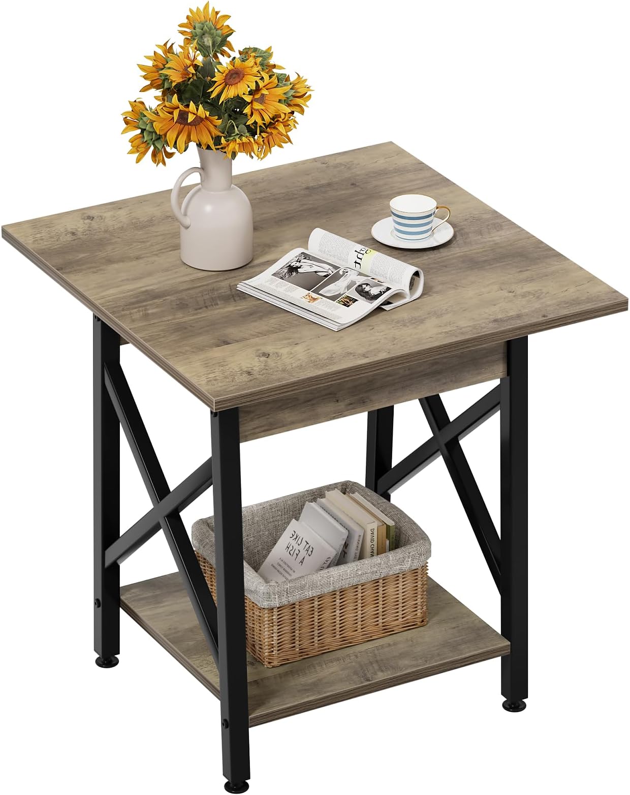 End Table 24 inch for Living Room, Large Square Side Tables with X-Frame, Tall Industrial Bedside Nightstand with 2-Tier Storage, Gray Wash