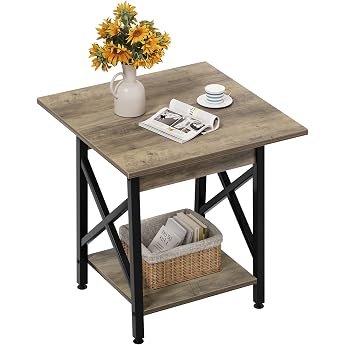 GreenForest Side Table 24 Inch for Living Room Large Square Side Tables with X Frame Tall Industrial Bedside Table with 2 Tier Storage Grey Wash