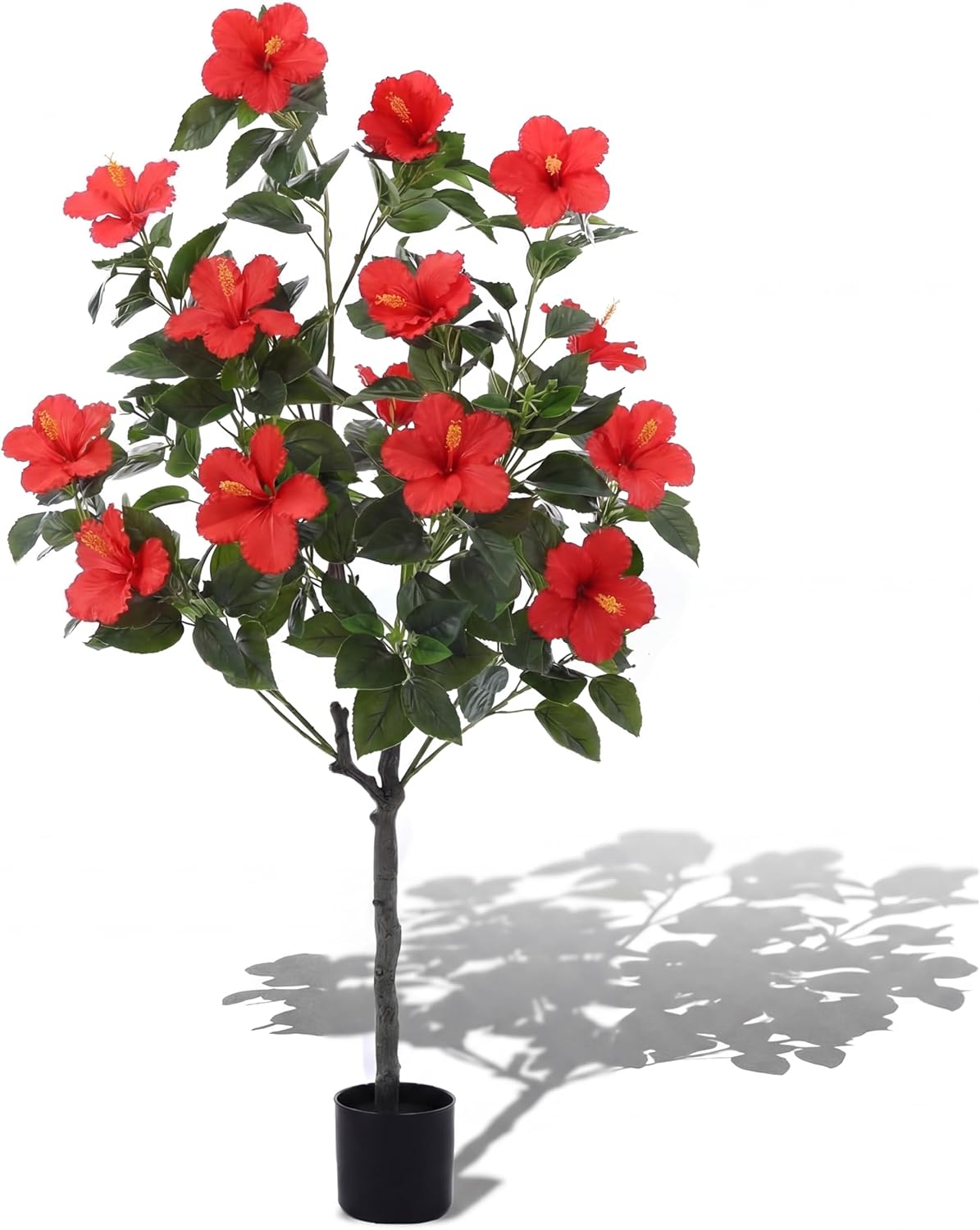 Giegxin 1 Pack 4 ft Artificial Hibiscus Tree Fake with 14 Flowers Hibiscus Tree with Base Silk Faux Flowers Realistic Plant for Front Porch Patio Office Indoor Outdoor Wedding Decor (Red)