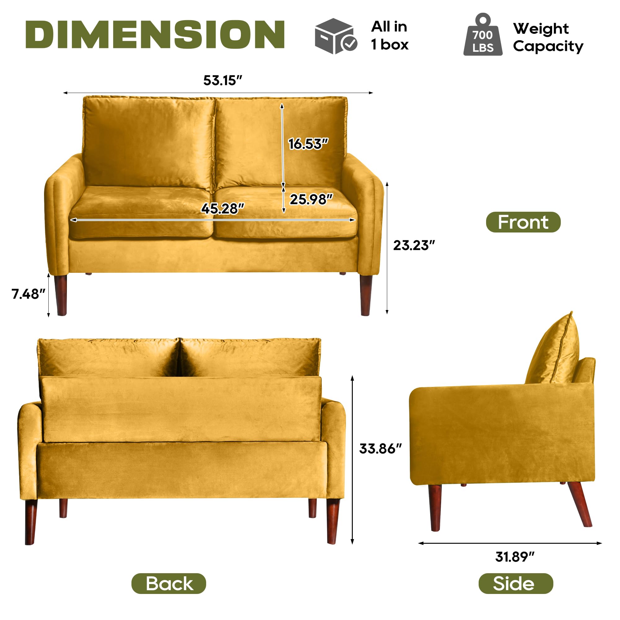 Bilhilury 54" Loveseat Sofa, Velvet Love Seat Couches for Living Room, Loveseat for Small Spaces, Small Couch for Bedroom Apartment Office, Mid-Century Modern Sofa with Throw Pillow,: Ginger