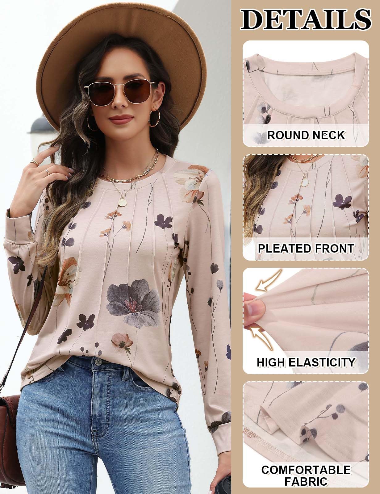 heekpek Magliette Donna Manica Lunga Tshirt Stampata Girocollo Ponchetta a Pieghe Top Donna Elegante Blusa Basic Maglietta Maniche Lunghe Primavera Estiva Autunno