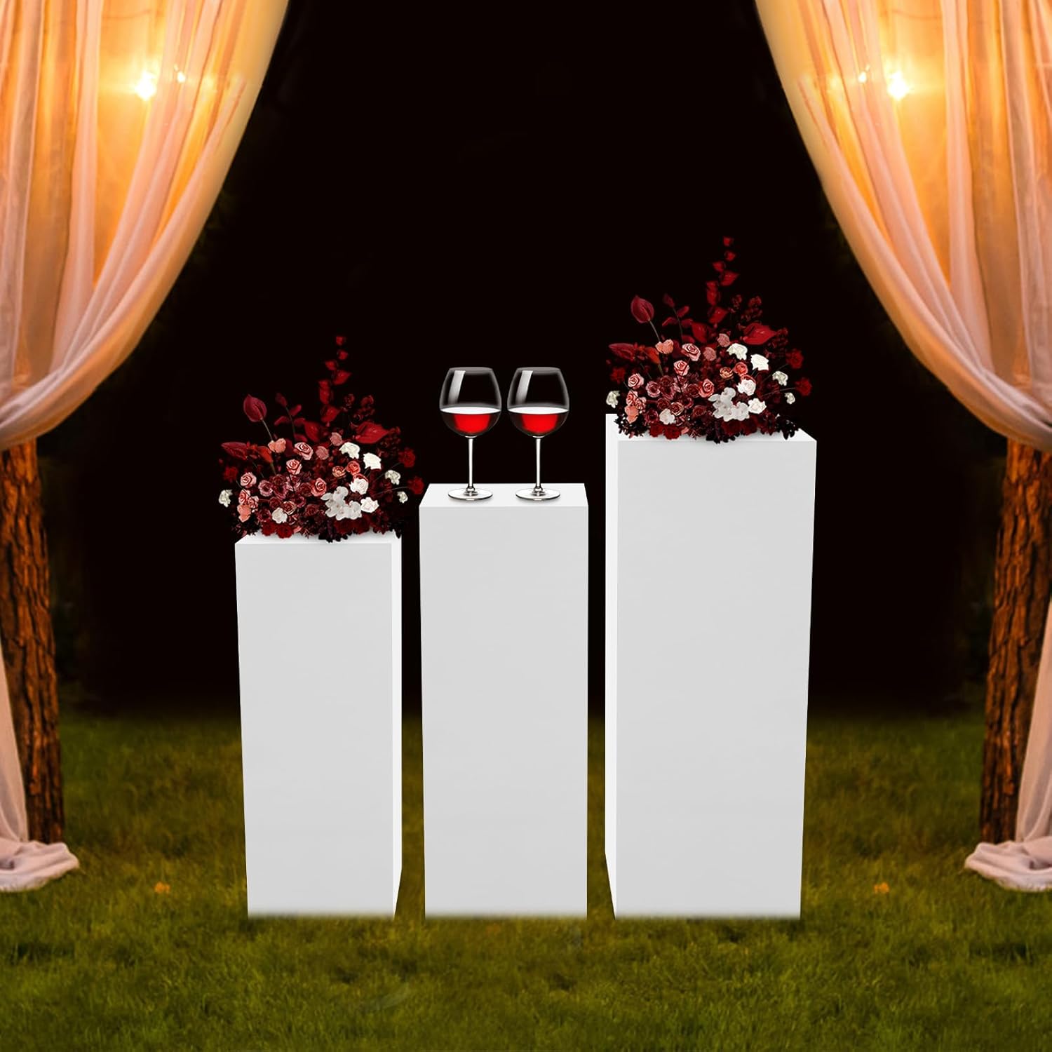 3 PCS Display Pedestal Stand, Square Tall Pedestal Cake Stands Pillars, Metal Square Dessert Table for Placing Cakes, Desserts in Parties, Weddings (White)
