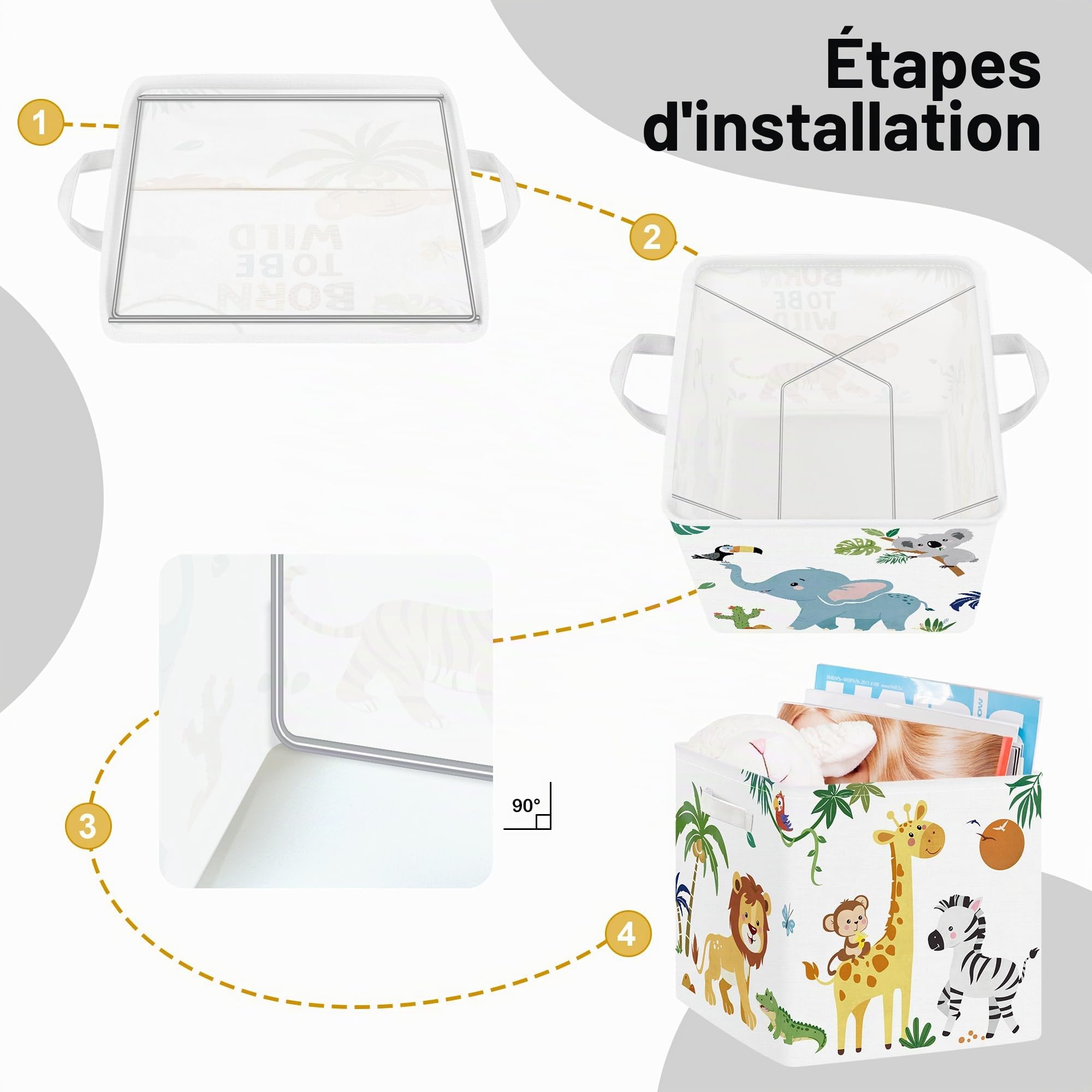 Boîtes de Rangement Lot de 3 Des Animaux Paniers de Rangement Cube Koala Enfants Pliables Coffre à Jouets pour Étagères Livres, Créatures Bohèmes
