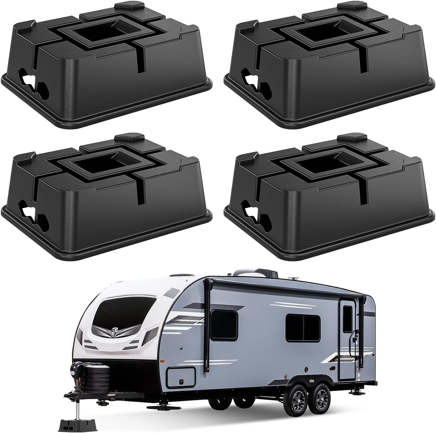 4 Pack Trailer Jack Block, Camper Blocks RV Stabilizer Stands for Travel Trailers 5th Wheels and Any Tongue Jack, Post, Foot, or Stabilizer, Supports up to 16,000 lbs per Block