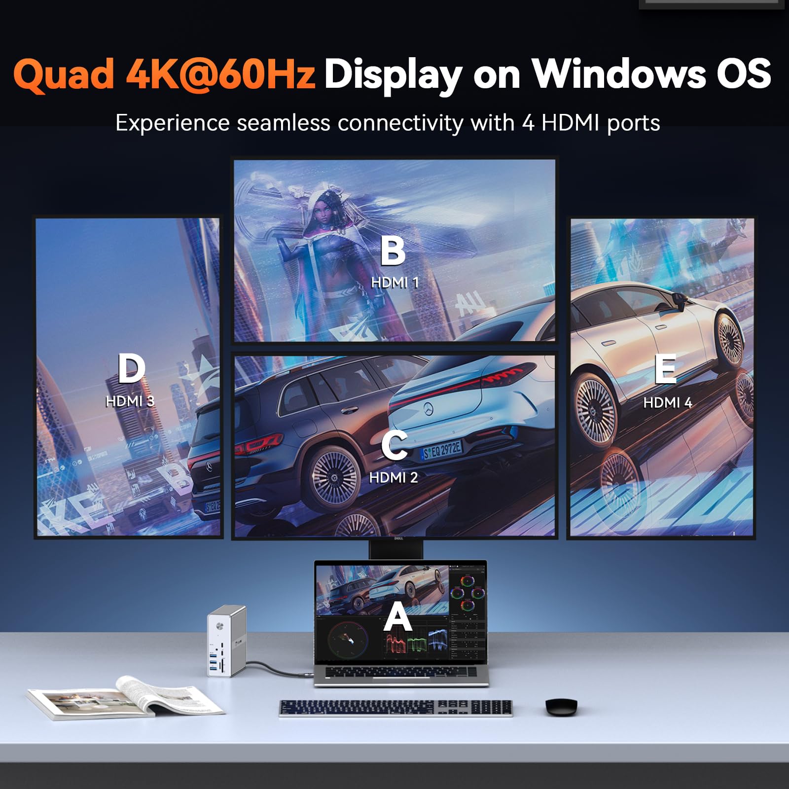 TobenONE Stacja dokująca DisplayLink 4 Monitor z 4 HDMI, 18 w 1 Quad/Triple 4K przy 60 Hz z zasilaczem 120 W do Thunderbolt 5/4/3, USB4, USB-C Windows, MacBooka (8 USB, Ethernet itp.)