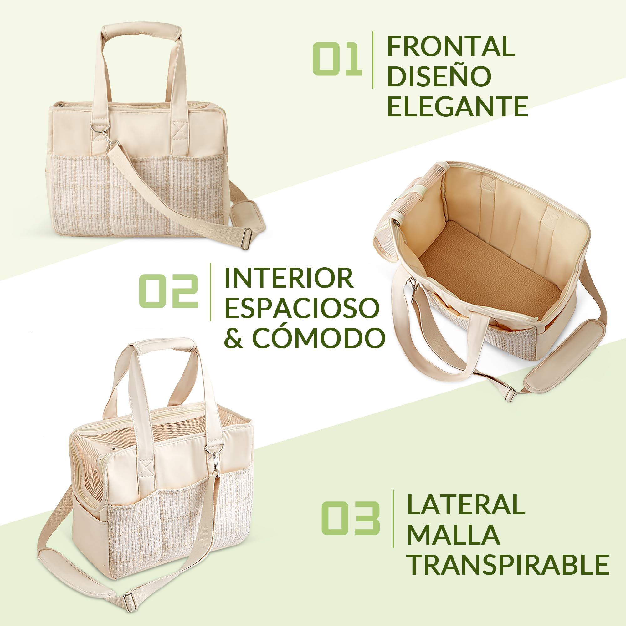 ALLSOPETS Transportín para Perro Pequeño y Gato, Bolso para Mascotas Plegable con Bolsillos, Correa de Seguridad y Cojín Extraíble, Ideal para Viajar Camping Paseo (Beige Elegante)