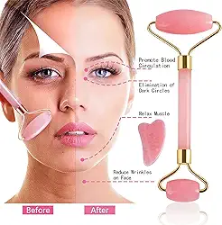 AYOYOE Conjunto de rolo de jade e gua sha, rolo de beleza facial de quartzo rosa, rolo facial, ferramentas faciais, pele antienvelhecimento, ferramentas de massagem para rosto, olhos, pescoço, reduz