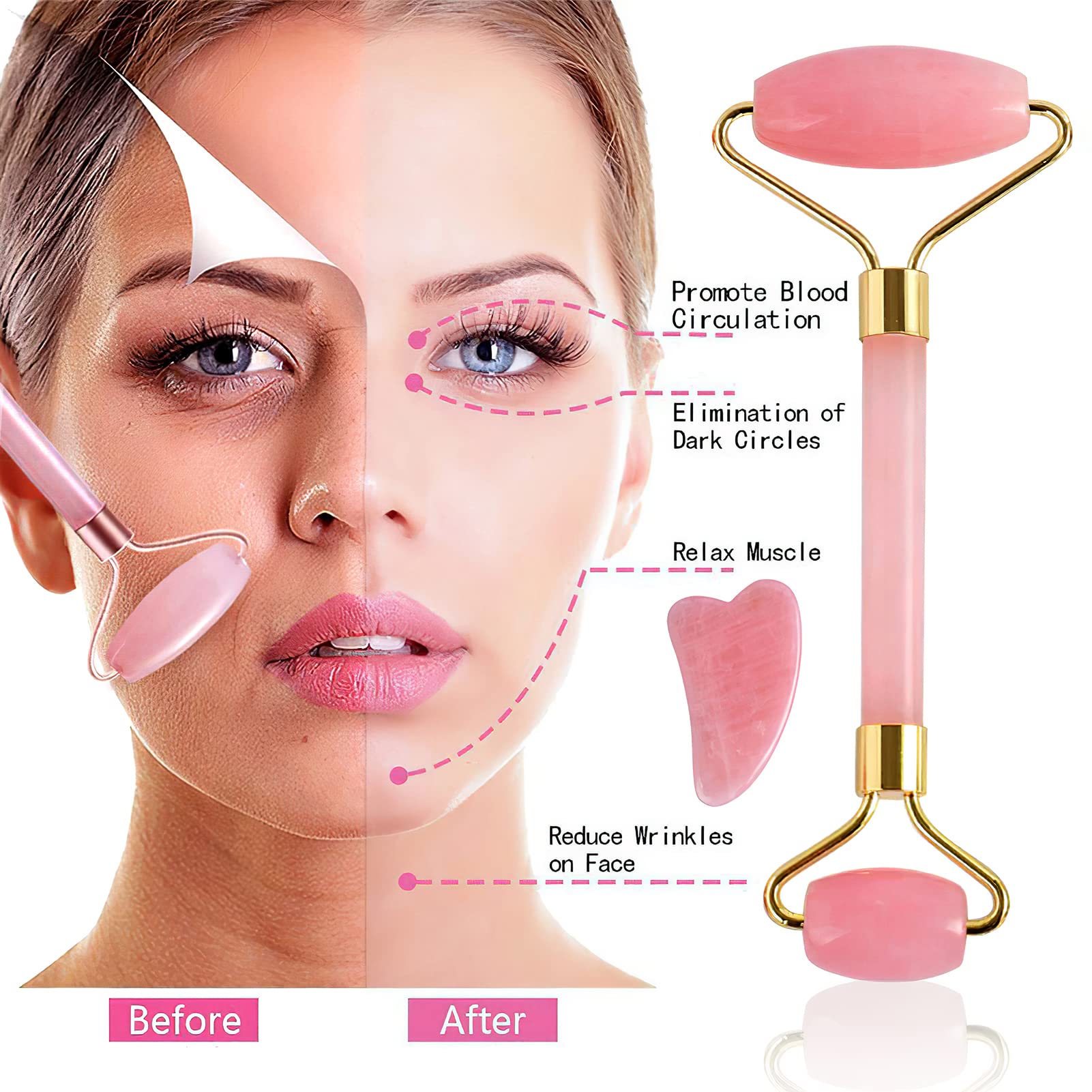 Conjunto de rolo de jade e gua sha, rolo de beleza facial de quartzo rosa, rolo facial,