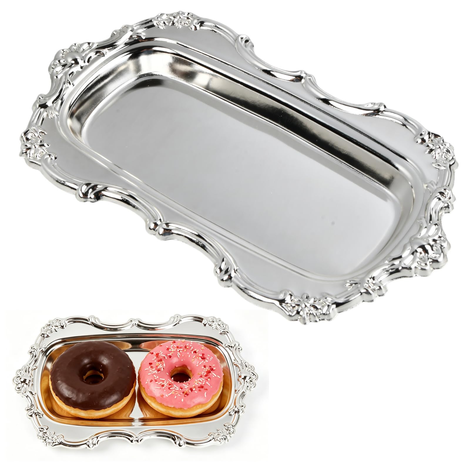 Meralo Gold Metal Serving Tray, Decorative Jewelry Organizer and Trinket Dish, Elegant Tableware Platter for Dessert, Cake, Tea and Perfume, Kitchen Party Serving Dishes (Silver)