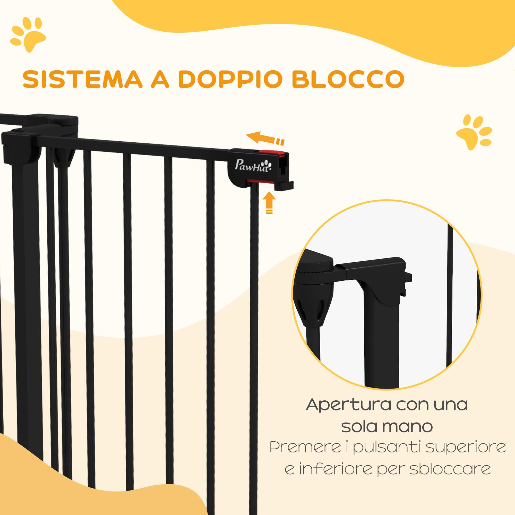 PawHut Cancelletto per Cani 90A cm a 3 Pannelli Pieghevoli con Doppio Sistema di Blocco, Cancelletto di Sicurezza in Acciaio e Plastica, 206x90cm, Nero