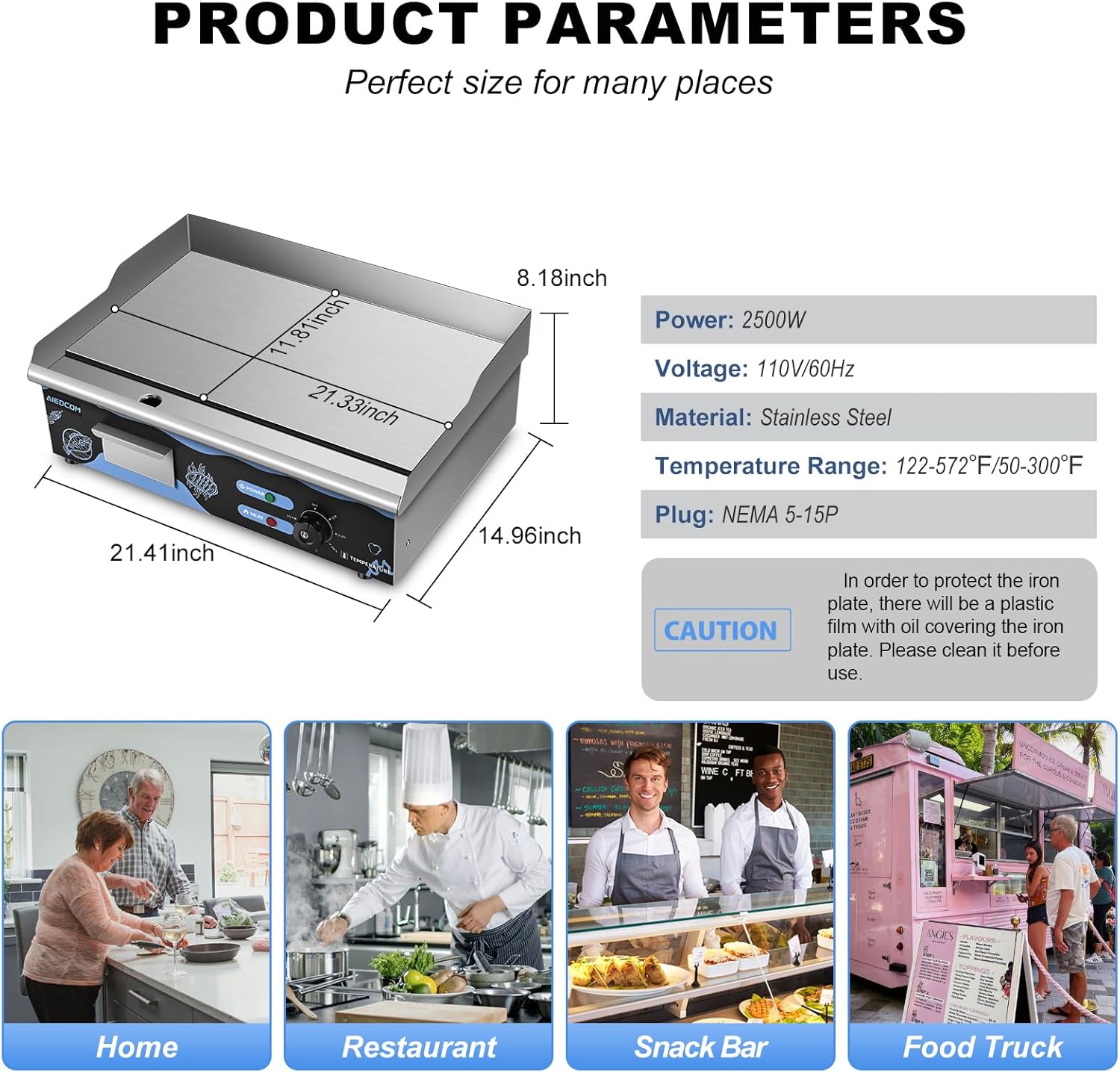 22 Inch Commercial Electric Griddle, Countertop Griddle with Non-stick Flat Top Grill, Stainless Steel Kitchen 2500W Electric Griddle for Home or Restaurant