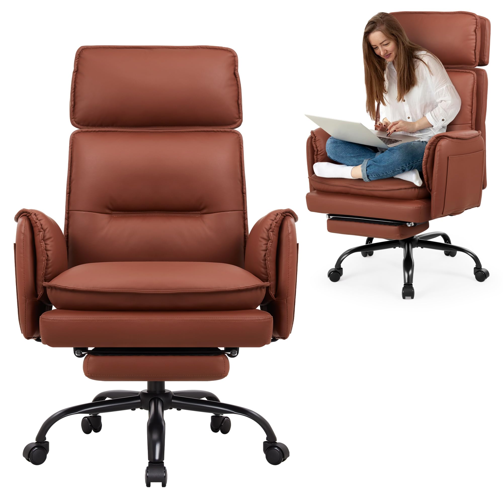 IWMH Big and Tall Office Chair 500lbs Heavy Duty Desk Chair Ergonomic Wide Seat Computer Chairs Executive PU Leather Reclining Managerial Chairs with Adjustable Headrest Footrest Lumbar Support Brown