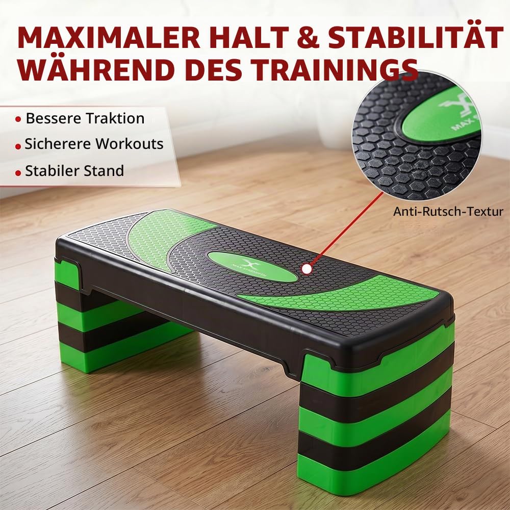 MAXSTRENGTH Fitness-Stepper für Training, 5-fach höhenverstellbar, 10 cm, 15 cm, 20 cm, 25 cm, 30 cm, rutschfeste Trittfläche für Aerobic-Übungen, Ausdauer, Cardio, Yoga, Routinen